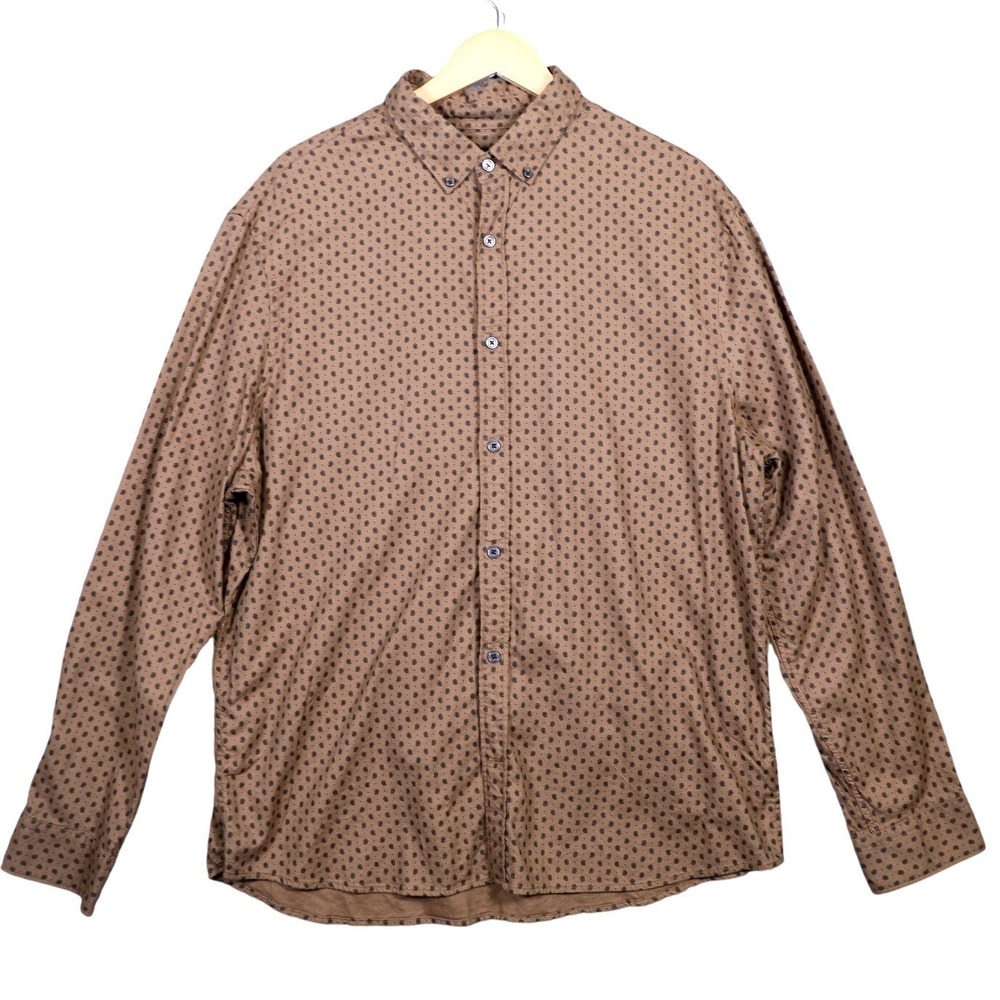 Express Mens Button Down Shirt Brown Small Print Long Sleeve Collared XL